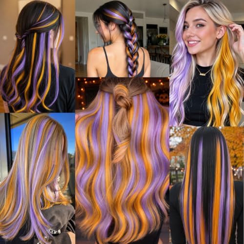 Purple and Orange Hair Extensions Clip in Colored Hairpiece 14 PCS - Image 6