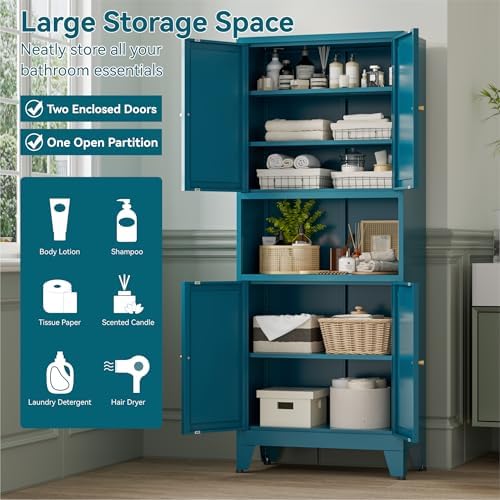 Bevivog Tall Pantry Cabinet with Microwave Shelf, 69" Metal Storage Cabinet with 4 Doors and Adjustable Shelves,Freestanding Metal Kitchen Hutch Cabinet, Blue Pantry Closet Storage Shelves with Doors - Image 5