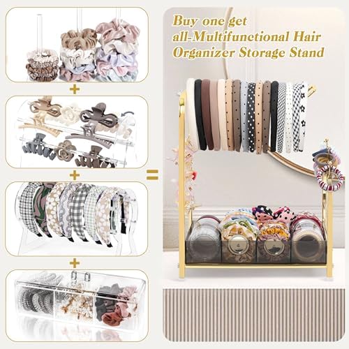 Keebofly Acrylic Hair Accessories Organizer, Versatile Headband Holder Stand for Scrunchies, Bows, Claw Clips, Hair Tie, Compact Hair Organizer Storage for Girls, Women, Babies, Amber & Gold-Plated - Image 2