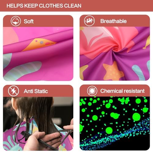 Kids Barber Cape with Neck Duster Brush, Professional Salon Hair Cutting Cape with Adjustable Snap Closure(Cartoon Mermaids) - Image 2