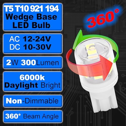 12V T5 T10 Wedge Base 2W 6000K Daylight White 194 921 LED Bulb, 10 Pack - Image 3