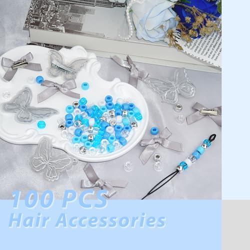 Hair Beads for Braid 100PCS Satin Small Hair Bows 2 Size Embroidery Butterfly Hair Clips Acrylic Pony Beads Loc Dreadlock Kits for Women and Girls - Image 7