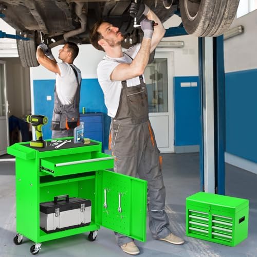 Dawmilon 5-Drawer Rolling Tool Chest, 2-in-1 Tool Box Organizer with Lockable Wheels, Sliding Drawers, and Detachable Top, Garage Workshop Tool Storage Cabinet, Green - Image 2