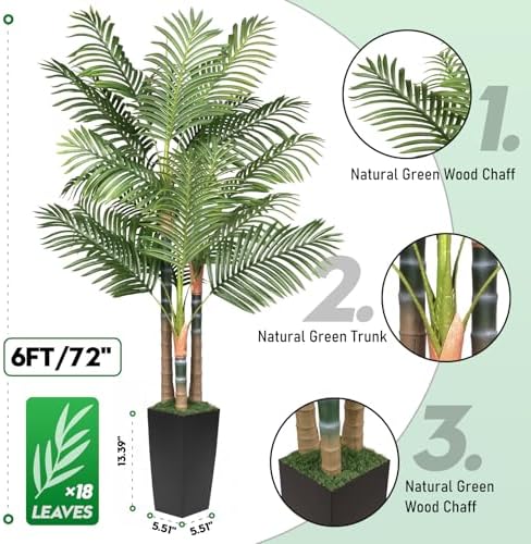 5ft Artificial Palm Tree Indoor Plant，Triple Faux Tropical Areca Floor Plant in Pot，Artificial Plants with Lifelike Leaves for Home Office Decor - Image 3
