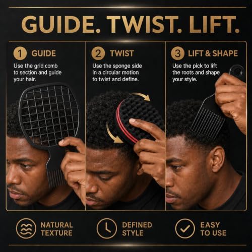 3-Piece Curl Sponge Kit with Afro Pick and Styling Comb - Image 3