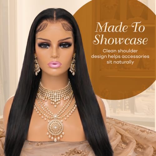 Realistic Female Mannequin Head with Shoulders – Lifelike Cosmetology Manikin Display Bust for Wigs, Jewelry, Necklaces, Hats, Sunglasses, Scarves & Makeup Practice. (Brown Pink Lip) - Image 5