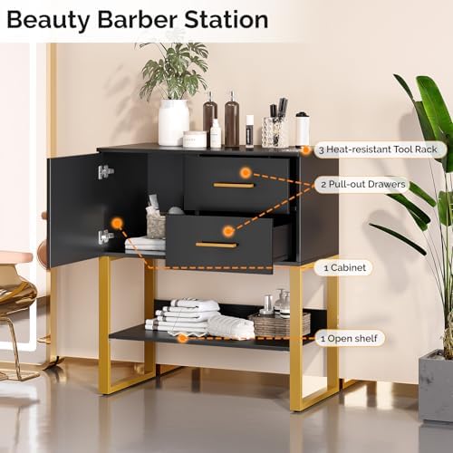 OmySalon Professional Barber Station, Salon Stations for Hair Stylist, Storage Cabinet with 3 Hair Dryer Holders, 2 Drawers, Hairdressing Organizer Table for Beauty Spa Barbershop Home, Black Gold - Image 3