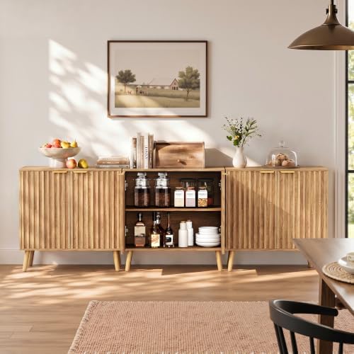 Vrullu Fluted Storage Cabinet, Freestanding Buffet Cabinet with Adjustable Shelf, Wood Sideboard, Multifunctional Accent Storage for Living Room, Hallway, Entryway, Dining Room (4, Oak) - Image 4