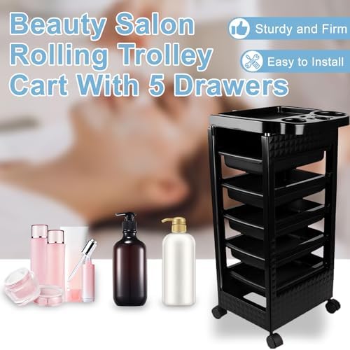 Salon Trolley Cart with Wheels & 5 Drawers, Salon Rolling Stations for Hair Stylist,Hairstylist for Beauty Tattoo Hairdressing Beauty Equipment, Black (T22-5DRAWER) - Image 4