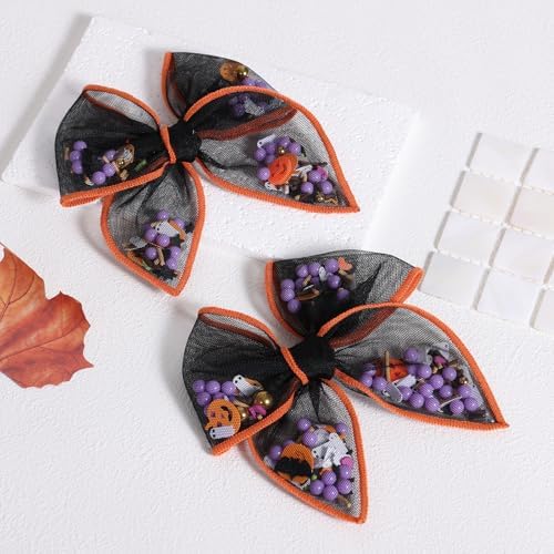 4" Halloween Black Mesh Tulle Hair Bow Clips for Girls Women, Glitter Pumpkin Ghost Bat Shaker Fable Bow Alligator Barrettes, Party Costume Dress Up Accessories, 2 Pack - Image 2