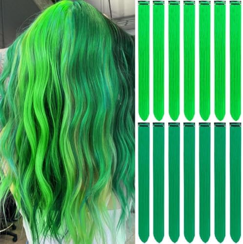 Green Hair Extensions Clip in Synthetic Colored Hairpieces 14 PCS by LADYAMZ