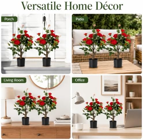 24’’ Artificial Rose Tree, 2 Pack Faux Rose Plants with Red Flowers and Green Leaves, 2FT Silk Potted Tree for Indoor Outdoor Home Office Porch Garden Decor, Red - Image 5