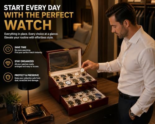 High End 20 Slot Rosewood Watch Box for Men, 2 Tier Watch Organizer with Glass Display Lid, Velvet Lined Watch Case Storage for Up to 45mm Watches, Luxury Watch Holder Gift for Collectors - Image 2