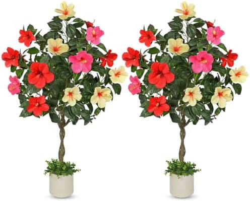 Briful 4ft Artificial Hibiscus Tree 2 Pcs, Fake Tropical Potted Plant by Briful