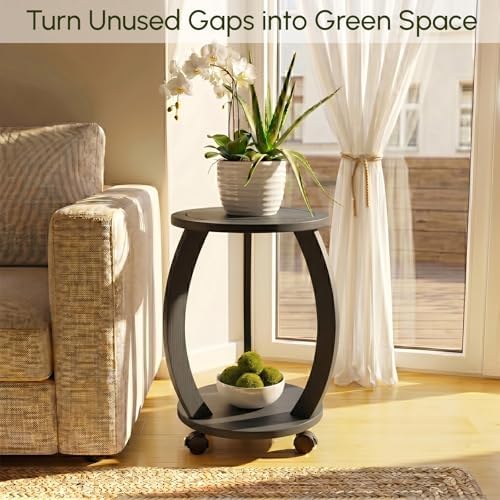 2 Pack 2 Tier Wooden Plant Stand Indoor with Wheels – Tall Plant Stand for 6-12 Inch Pots, Mid-Century Modern Rustic Plant Table Indoor, Pedestal Stand for Corner, Living Room, Balcony, Black - Image 2