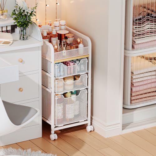 Hongtamoya Rolling Makeup Cart Organizer with 3 Drawers, Narrow Floor Skincare Organizers, Vanity Organizer Cosmetics Display Cases Holder for Skin Care Nail Polish Perfume Makeup Brush, White by Hongtamoya