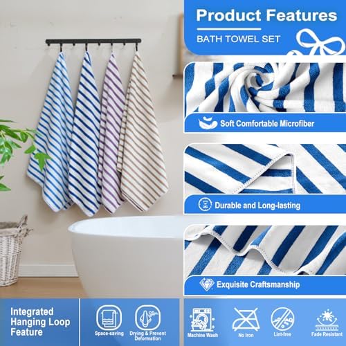 JML Microfiber Beach Towels, 4 Pack, 27" x 55", Cabana Stripe Dark Blue - Image 3