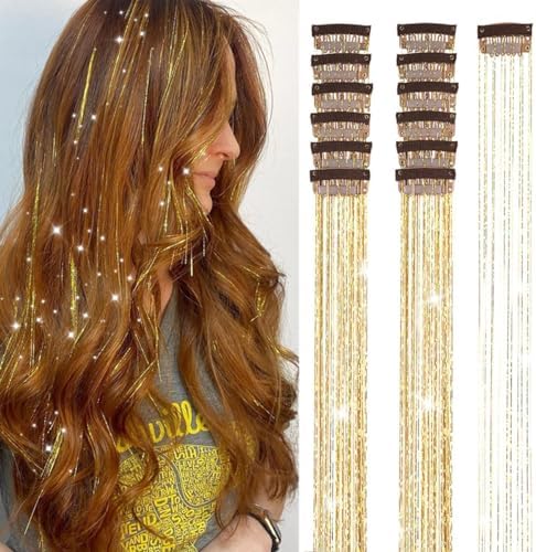 Gold Hair Tinsel Packs of 12Pcs Clip in Hair Tinsel Kit 20.5 inch Fairy Hair Tinsel Heat Resistant for Women Girls Glitter Hair Extensions for Christmas New Year Halloween Cosplay Party (Golden) by Ubeleco