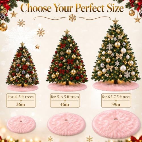 59 Inch Pink Christmas Tree Skirt, Soft Faux Wool Round Base Cover - Image 5