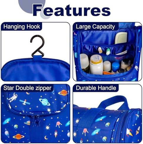 Remobia Hicol Cute Cartoon Hanging Kids Toiletry Bag Children Travel Cosmetic Makeup Organizer Wash Bag Shower bag Over Night Bag Camping Shaving Kit Bag for Boys & Girls (Astronaut) - Image 4
