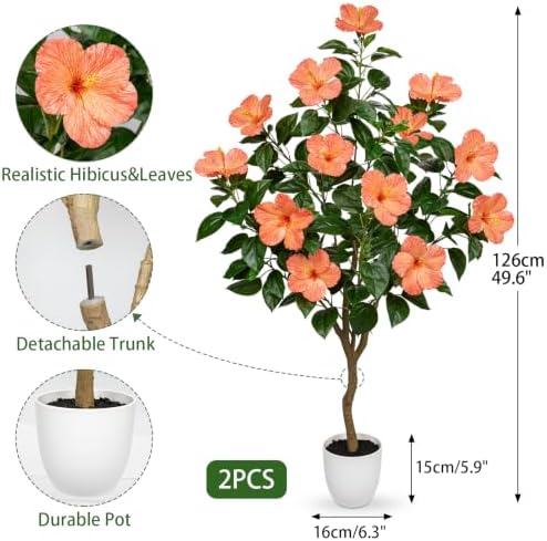 Briful 49.6" Artificial Hibiscus Trees 2 Pack, Faux Tropical Plants, Peach - Image 4