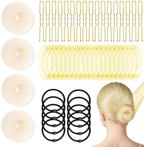 YINGFENG 134 Pcs Beige Hair Bun Maker Kit for Kids Small - 4 Hair Donuts for Buns, 20 Hair Nets for Buns, 100 U Shaped Bobby Pins, 10 Hair Bands, for Girls, Ballet Dance, Hair Accessories for Women by YINGFENG