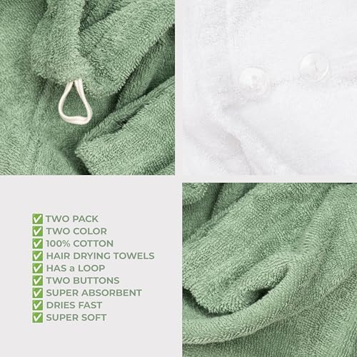 American Soft Linen 100% Cotton Hair Towels for Women, Head Towel Cap, Cotton Hair Turban Towel Wrap for Hair, Soft and Absorbent Cotton Hair Towels 2 Pack, White-Sage Green - Image 6
