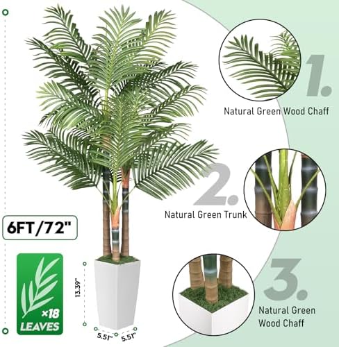 6ft Artificial Palm Tree Indoor Plant，Triple Faux Tropical Areca Floor Plant in Pot，Artificial Plants with Lifelike Leaves for Home Office Decor - Image 3