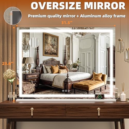 Hasipu Vanity Mirror with Lights, 32" x 24" LED Makeup Mirror, Lighted Makeup Mirror with Dimmable 3 Modes, Touch Screen Control Vanity Mirror Square White - Image 2