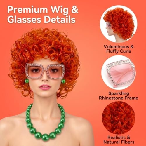 Short Orange Red Curly Wig and 70s Jewelry Set with Sunglasses for Women Adults 70s Retro Housewife Cosplay Halloween Party Accessories (Green Jewelry) - Image 2