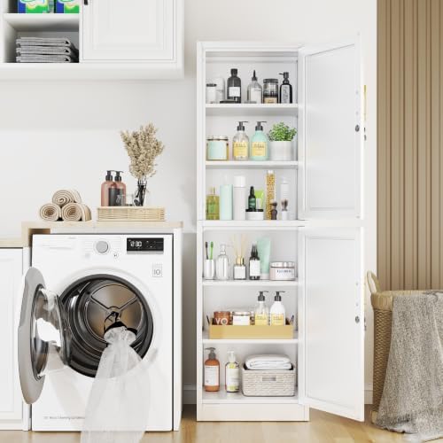Tall Metal Narrow Bathroom Storage Locker Cabinet 67" H,White Kitchen Pantry Cabinets with 4 Adjustable Shelves and 2 Lockable Doors,File Cabinet Organizer for Kitchen Home Office Living Dining Room - Image 5