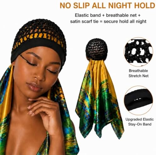 2 in 1 Wrap Cap Hair Net and Scarf for Silk Press, Satin Wrap Cap Bonnet for Women, Adjustable Stay-On Sleep Hair Net Scarf for All Hair Types - Image 2