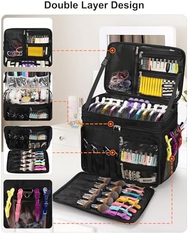Hairstylist Travel Bag, Large Capacity Hairdressing Bag with Detachable Dividers, Professional Cosmetology Bag for Hairstylists with Dual-Layer Design, Hair Tools Organizer for Travel - Black - Image 3
