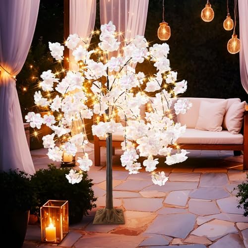 obbsie 4FT Cherry Blossom Tree with 360 LED Fairy Lights Artificial Lighted Tree with 8 Lighting Modes Light Up Pink Tree with Faux Flowers for Spring Wedding Party Indoor Outdoor Decor - Image 6