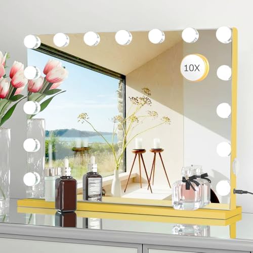 22.8"x 18.1" Vanity Mirror Makeup Mirror with Lights,10X Large Hollywood Lighted Vanity Mirror with 15 Dimmable LED Bulbs,3 Color Modes,Touch Control for Bedroom,Tabletop or Wall-Mounted by Unknown