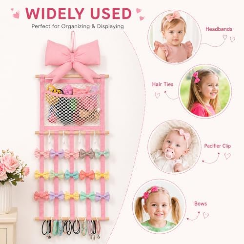 Suncalla Pink Hair Bows Holder Headband Organizer for Girls, Mesh Pocket - Image 5