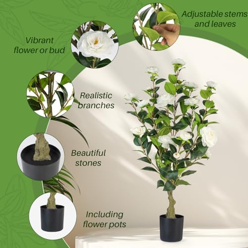 2‑Pack 3FT White Artificial Potted Camellia Tree Home Decor - Image 5