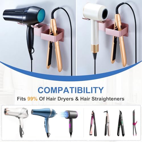 Hair Dryer Holder Wall Mounted, Hair Straightener Holder Metal, Adhesive Blow Dryer and Hair Straightener Holder, Bathroom Bedroom Hair Tool Organizer for Flat Iron,Curling Iron,Hairdryer (Rose Gold) - Image 7