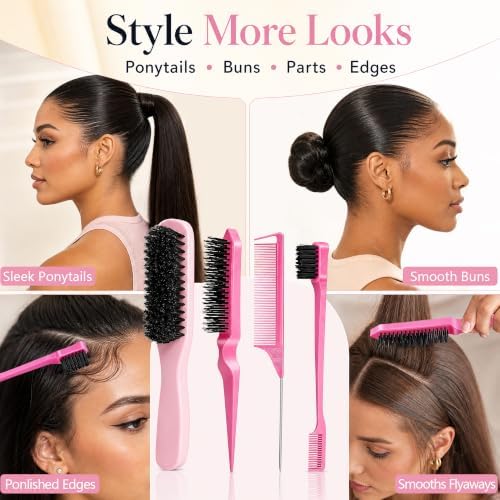 4Pcs Beech Wood Boar Bristle Slick Back Hair Brush Set Pink - Image 6