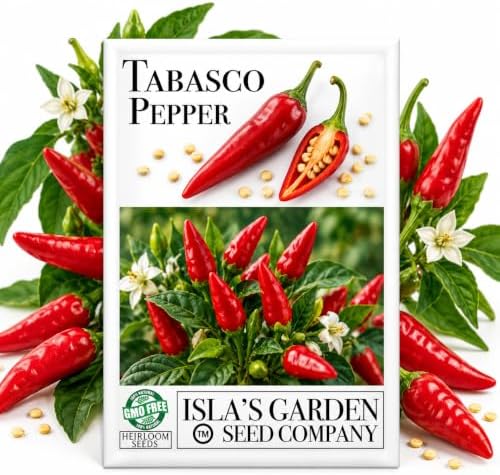 Tabasco Red Hot Chili Pepper Seeds (Capsicum frutescens) – 50+ Non-GMO Heirloom Seeds by Isla’s Garden Seeds, Fiery Compact Variety Producing Red Peppers w Bold Tangy Heat, Hot Sauces, Salsas & Drying by IslasGardenSeedsCompany