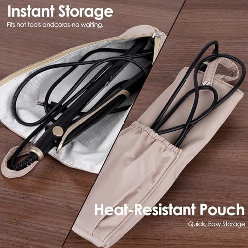 Heat-Proof Travel Pouch for Straighteners and Curling Wand, Waterproof Hanging Organizer with Zipper Closure, Salon Tools Bag with Extra Storage Pocket and Snap Strap (Khaki) - Image 4