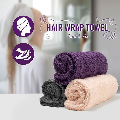 Textila 100% Cotton Hair Wrap Towels for Women (Pack of 3, Plum, Pink & Grey) – Soft & Absorbent Turban Towels for Long, Curly, Frizz-Prone Hair - Image 3