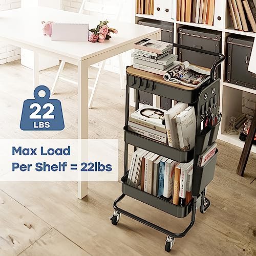 DTK 3 Tier Metal Utility Rolling Cart with Table Top and Side Bags, Tray Storage Organizer Wheels, Art Craft 4 Hooks for Kitchen Bathroom Office Living Room (Black) - Image 3