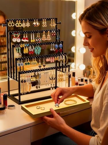 Earring Holder Organizer, 5-Tier Jewelry Display Stand with Matte Black Metal Frame and Wooden Tray, Large Earring Holder for Studs, Hoops, Dangles, Modern Jewelry Organizer for Women - Image 5