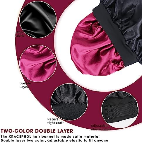 Double Layer Adjustable Satin Bonnets for Sleeping Women (Black and Wine) - Image 3