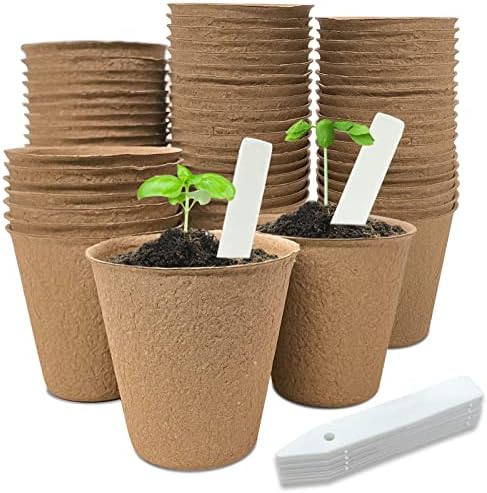 INCIKITI 40Pcs 3.15 Inch Peat Pots, Biodegradable Eco-Friendly Round Plant Seedling Starters Kit, Seed Germination Trays with 10 Labels for Flower Vegetable Tomato Saplings & Herb Germination, Khaki by INCIKITI