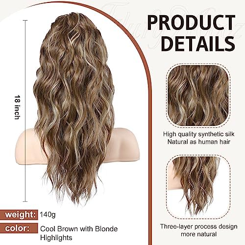 FLUFYMOOZ Ponytail Extension, 18 Inch Claw Clip Ponytail Extension, Wavy Curly Claw Clip in Ponytail Hair Extensions, Natural Fake Ponytail Synthetic Hairpiece for Women (Cool Brown with Blonde Highlights) - Image 2