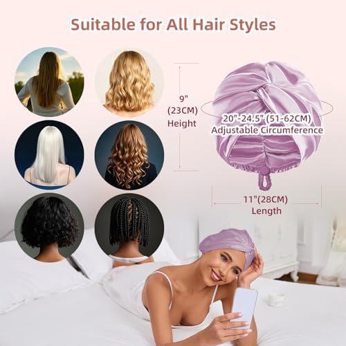 Adjustable Silk Satin Hair Bonnet for Sleeping Women, Double Layer, Silk Hair Wrap for Sleeping Women Men, Curly Natural Braid Straight Unisex - Lavender - Image 6