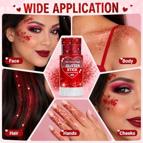 Red Hair Glitter Stick, Face Body Glitter Stick Makeup for Women Girls, School Spirit Week Game Day Cheer Football Accessories, Chunky Shimmer Sequins for Halloween Costume, Concert Festival - Image 6