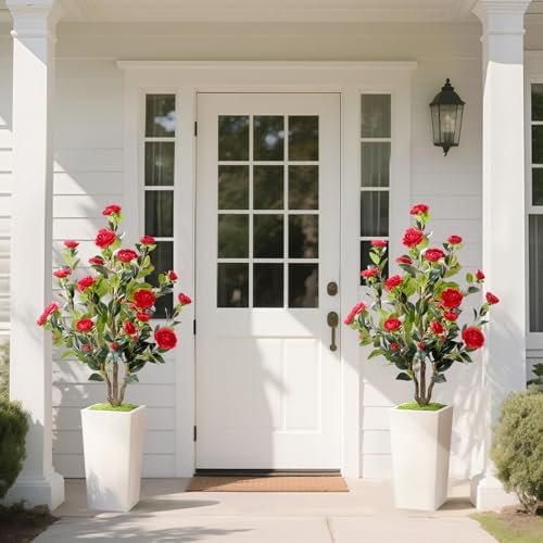 Romantic Season 4FT Artificial Camellia Tree with White Tall Planter, Red Faux Camellia Plant Flower Tree for Modern Home Office Living Room Floor Décor Outdoor Indoor，Red - Image 7